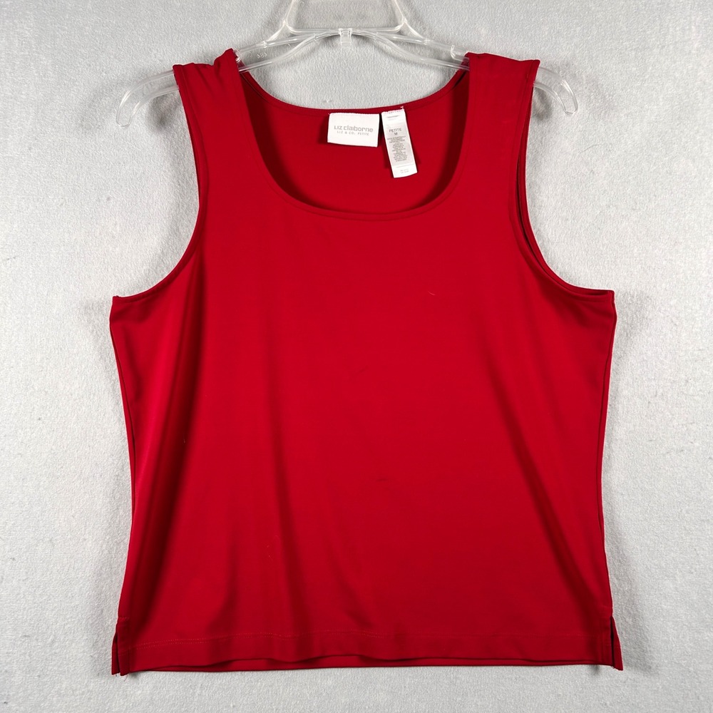 Liz Claiborne Tank Top Womens Petite M Red Solid Scoop Neck Sleeveless Slits